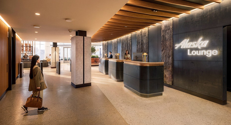 A rendering shows the reception area of Alaska Airlines' planned flagship lounge at Seattle-Tacoma International Airport.