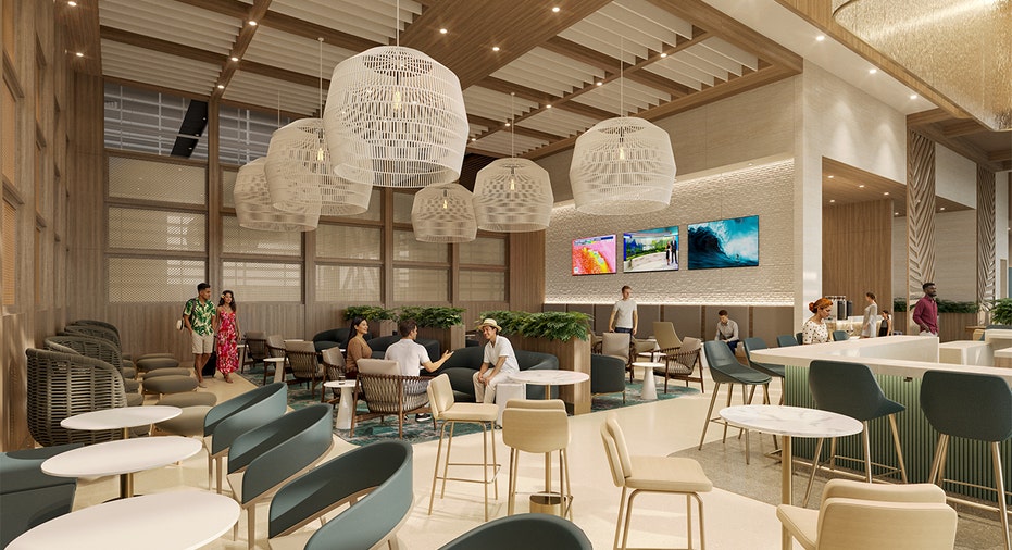A rendering shows the interior of Hawaiian Airlines' planned lounge at Daniel K. Inouye International Airport in Honolulu.