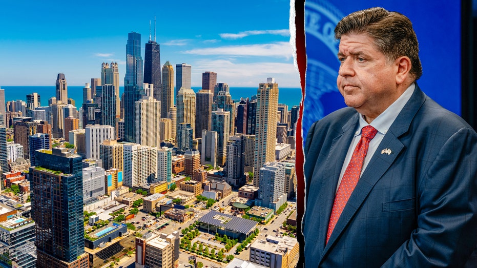 Chicago skyline and Governor JB Pritzker