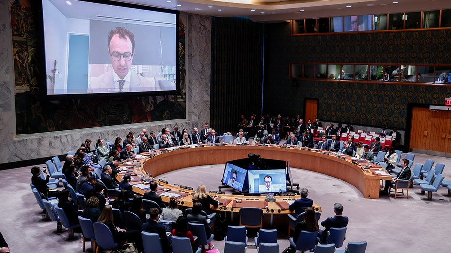 Dario Amodei, co-founder and chief executive officer of Anthropic, on screen, speaks virtually at a United Nations Security Council meeting