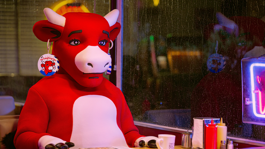 The Laughing Cow mascot sits alone at a diner counter with a somber expression