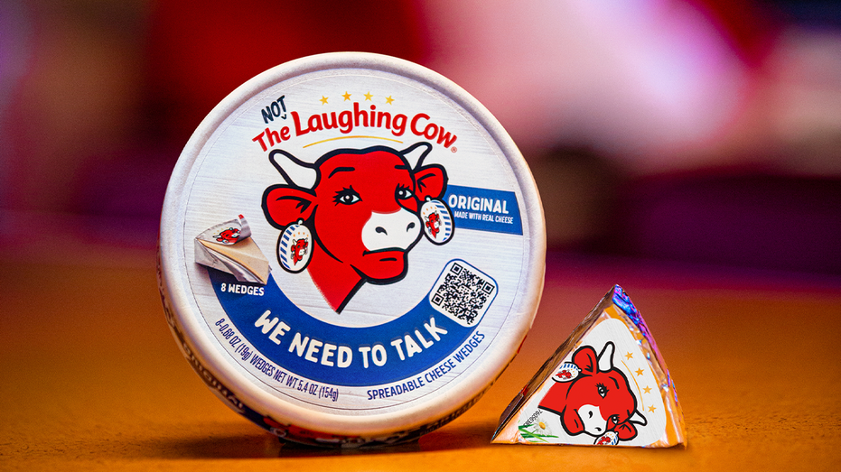The Not Laughing Cow cheese package with a serious-faced mascot and