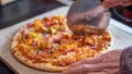 Close up and selective focus of a home cooked thin crust sweet chilli chicken pizza on a wooden cutting board being sliced with a pizza roller by an unidentifiable woman - Fox News