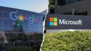 Split image showing Google and Microsoft logos on company buildings as both expand AI investments