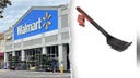 Split image showing a Walmart storefront alongside a recalled Expert Grill brush with black and red handle, metal bristles and scraper