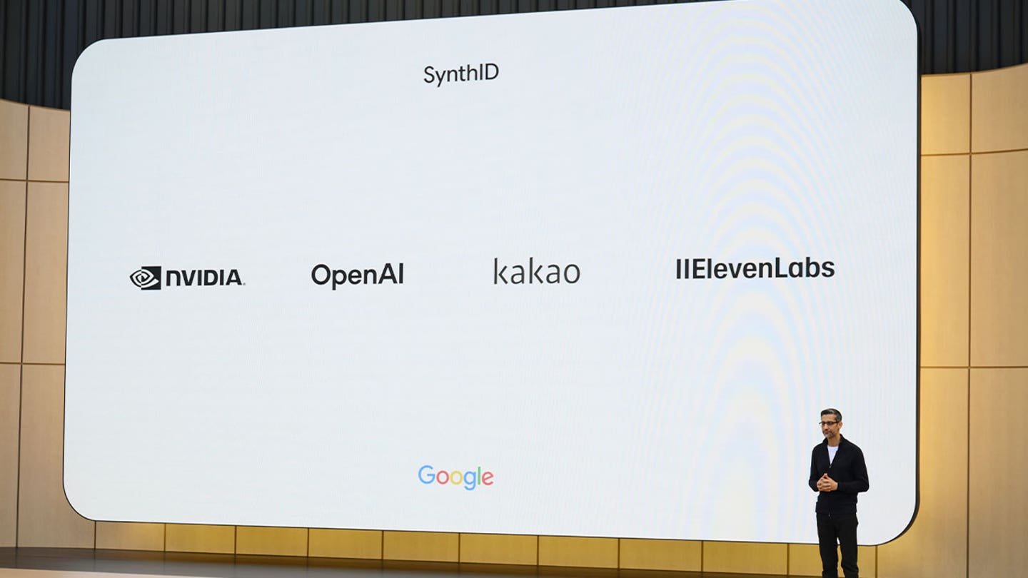 Google CEO Sundar Pichai onstage during a presentation featuring AI technology partners