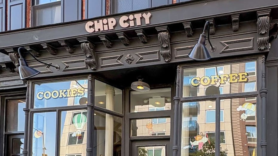 Chip City cookie shop exterior in Brooklyn, New York, with storefront signs for cookies and coffee