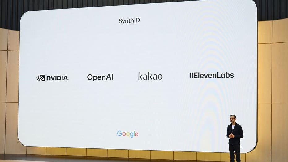 Google CEO Sundar Pichai onstage during a presentation featuring AI technology partners