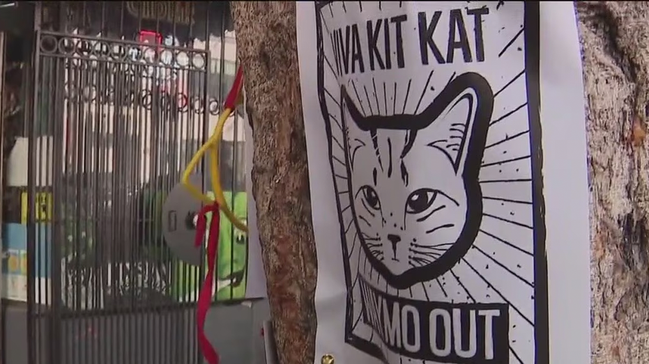 Memorial sign featuring a drawing of KitKat the cat and the words 