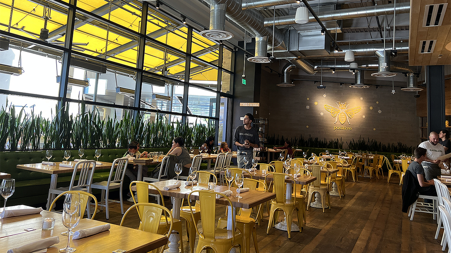 Diners inside a True Food Kitchen restaurant with yellow chairs, wooden tables and large windows