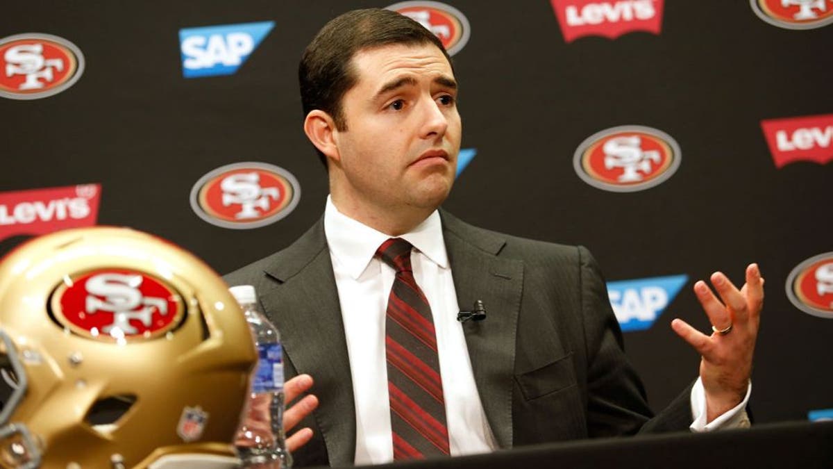 SANTA CLARA, CA - JANUARY 15: CEO Jed York addresses the media at Levi's Stadium on January 15, 2015 in Santa Clara, California. The San Francisco 49ers announced Jim Tomsula as their new head coach to replace Jim Harbaugh. (Photo by Michael Zagaris/San Francisco 49ers/Getty Images)