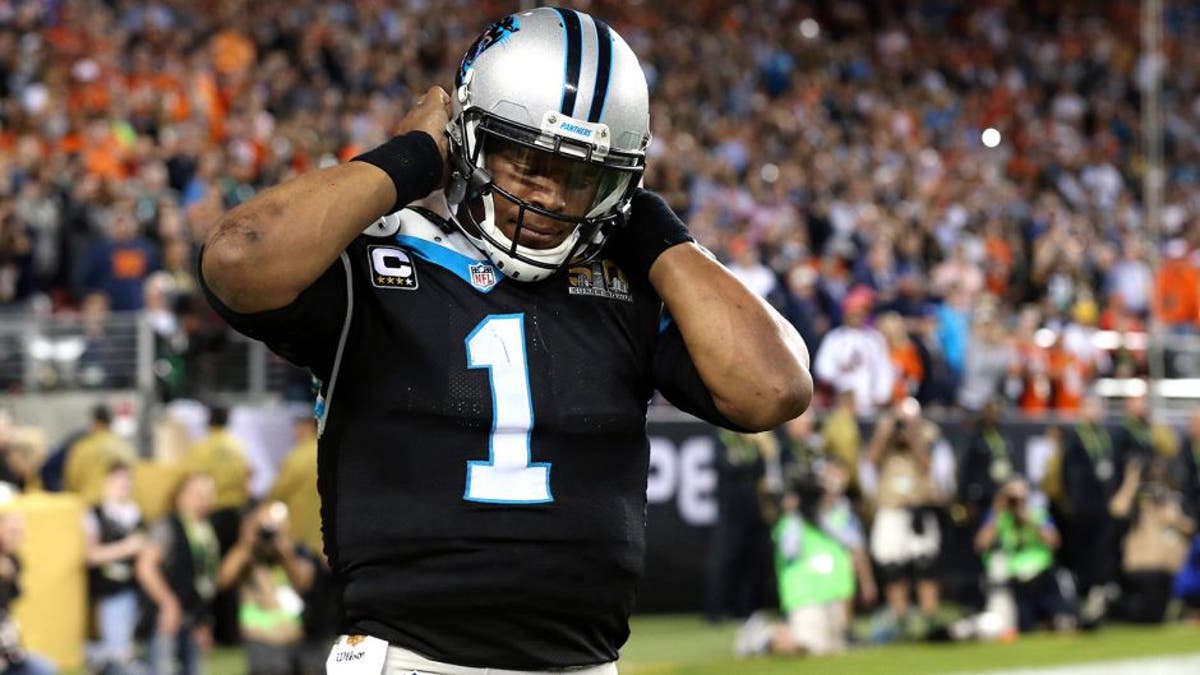 Feb 7, 2016; Santa Clara, CA, USA; Carolina Panthers quarterback Cam Newton (1) reacts after a play during the fourth quarter against the Denver Broncos in Super Bowl 50 at Levi's Stadium. Mandatory Credit: Matthew Emmons-USA TODAY Sports