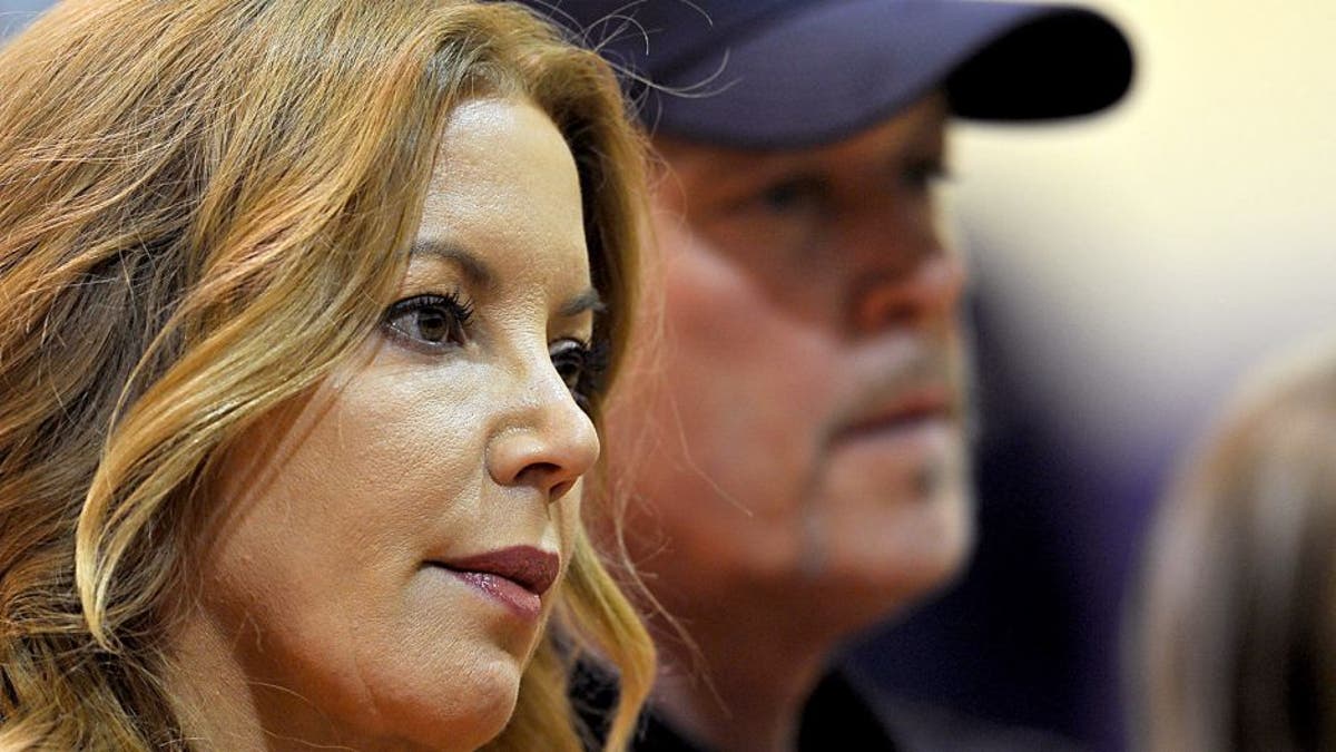 August 10, 2012; El Segundo, CA, USA; Los Angeles Lakers Jeanie Buss and Jim Buss during a press conference held to introduce the three-time defensive player of the year who was aquired in a four-team trade from the Orlando Magic, Los Angeles Lakers center Dwight Howard. Mandatory Credit: Jayne Kamin-Oncea-USA TODAY Sports