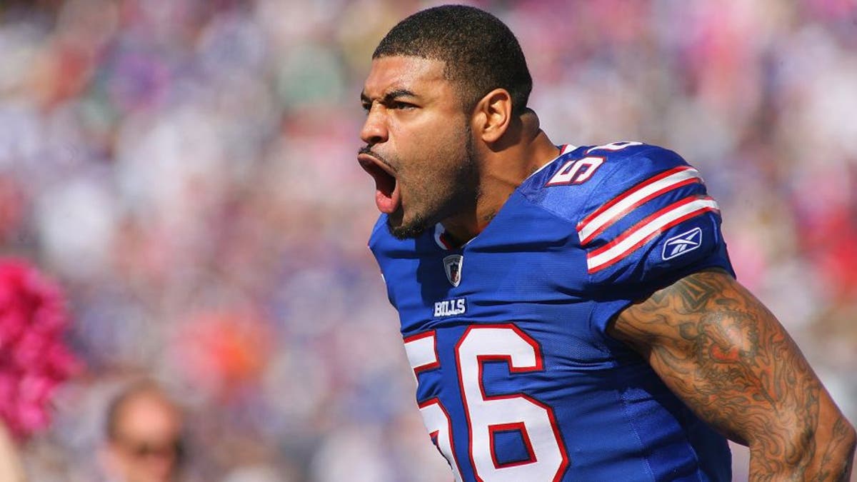 ORCHARD PARK, NY - OCTOBER 09: Shawne Merriman #56 of the Buffalo Bills reacts as he walks on the field against the Philadelphia Eagles at Ralph Wilson Stadium on October 9, 2011 in Orchard Park, New York.Buffalo won 31-24. (Photo by Rick Stewart/Getty Images)