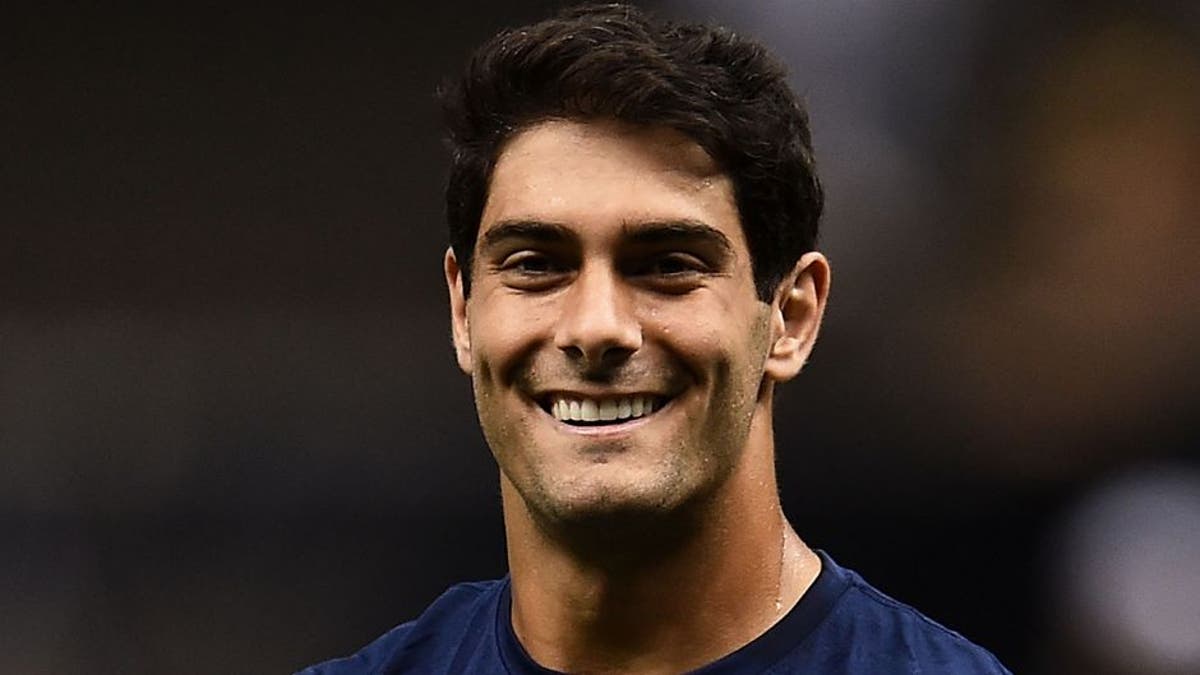 NEW ORLEANS, LA - AUGUST 22: Jimmy Garoppolo #10 of the New England Patriots participates in warmups prior to a preseason game against the New Orleans Saints at the Mercedes-Benz Superdome on August 22, 2015 in New Orleans, Louisiana. (Photo by Stacy Revere/Getty Images)