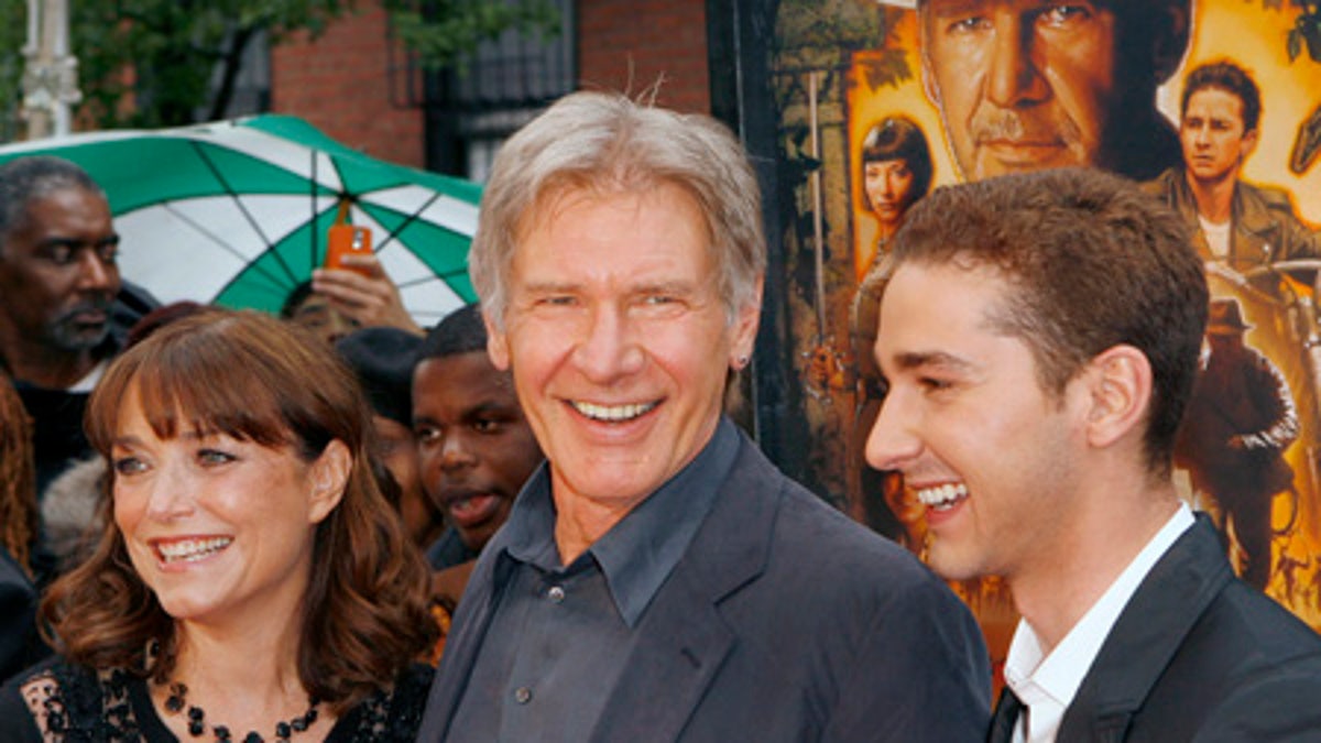 Cast members Karen Allen, Harrison Ford, and Shia LaBeouf arrive for a screening of the film 
