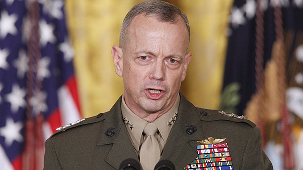 In an April 28, 2011 file photo Marine Corps Lt. Gen. John Allen, speaks in the East Room of the White House in Washington. Allen who will take over as the top U.S. commander in Afghanistan endorsed the size and pace of the more than 30,000-troop withdrawal laid out by President Obama.