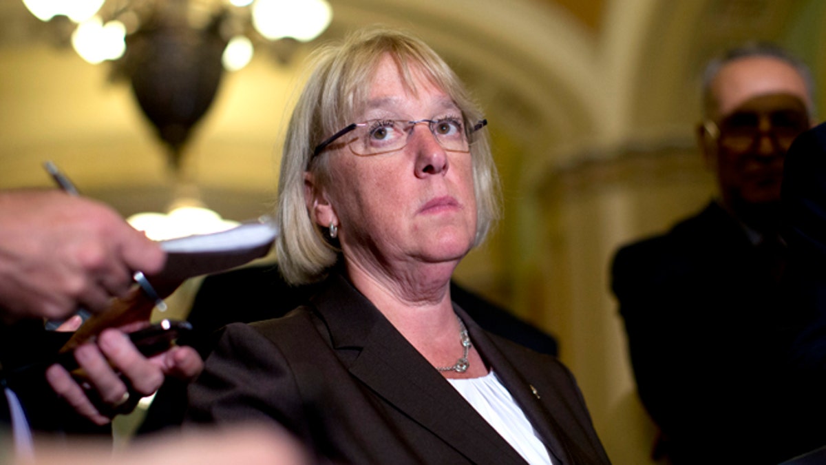 July 8, 2015: Sen. Patty Murray, D-Wash., looks to members of the media as she and other Senate Democrats speak to media after a policy luncheon on Capitol Hill in Washington.