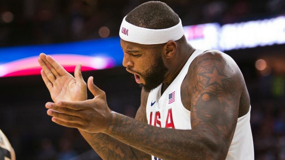 United States' DeMarcus Cousins (12) celebrates a basket against Argentina during an exhibition basketball game Friday, July 22, 2016, in Las Vegas. (AP Photo/L.E. Baskow)