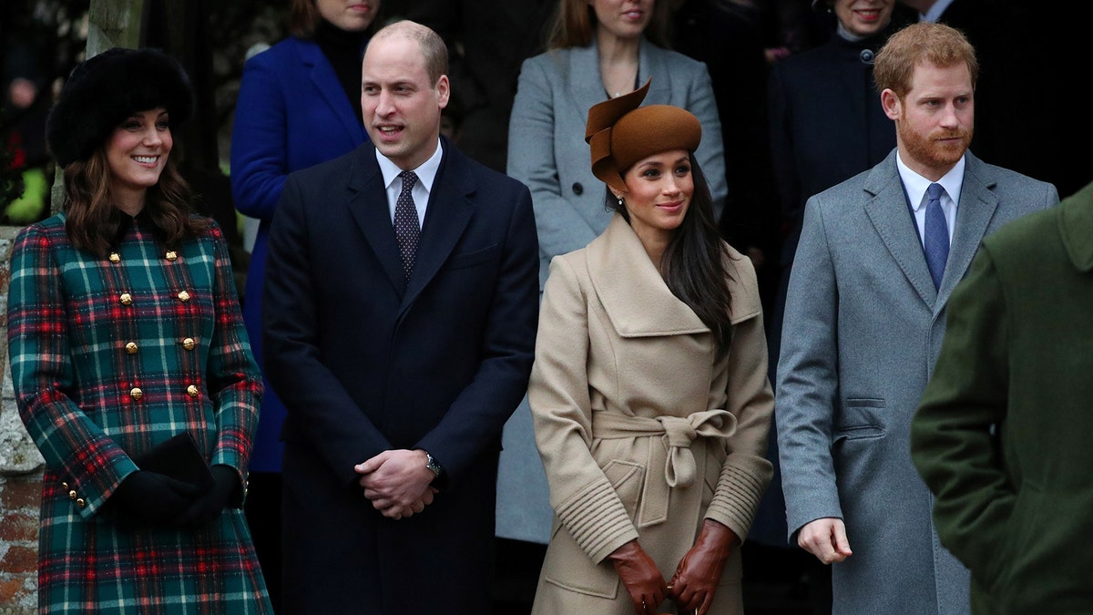 Britain's Catherine, Duchess of Cambridge, Prince William, Duke of Cambridge, Meghan Markle and Prince Harry leave St Mary Magdalene's church after the Royal Family's Christmas Day service on the Sandringham estate in eastern England, Britain, December 25, 2017. REUTERS/Hannah McKay - RC117DF76700