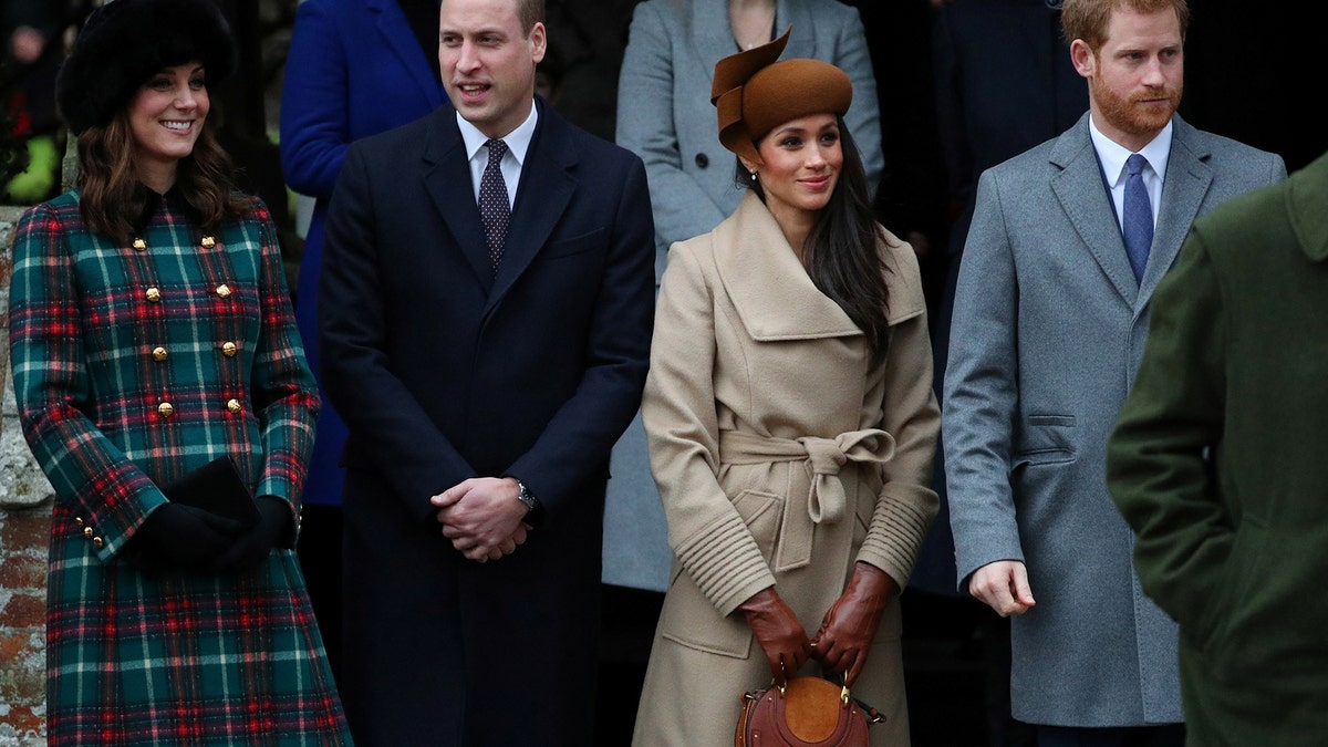 Britain's Catherine, Duchess of Cambridge, Prince William, Duke of Cambridge, Meghan Markle and Prince Harry leave St Mary Magdalene's church after the Royal Family's Christmas Day service on the Sandringham estate in eastern England, Britain, December 25, 2017. REUTERS/Hannah McKay - RC117DF76700