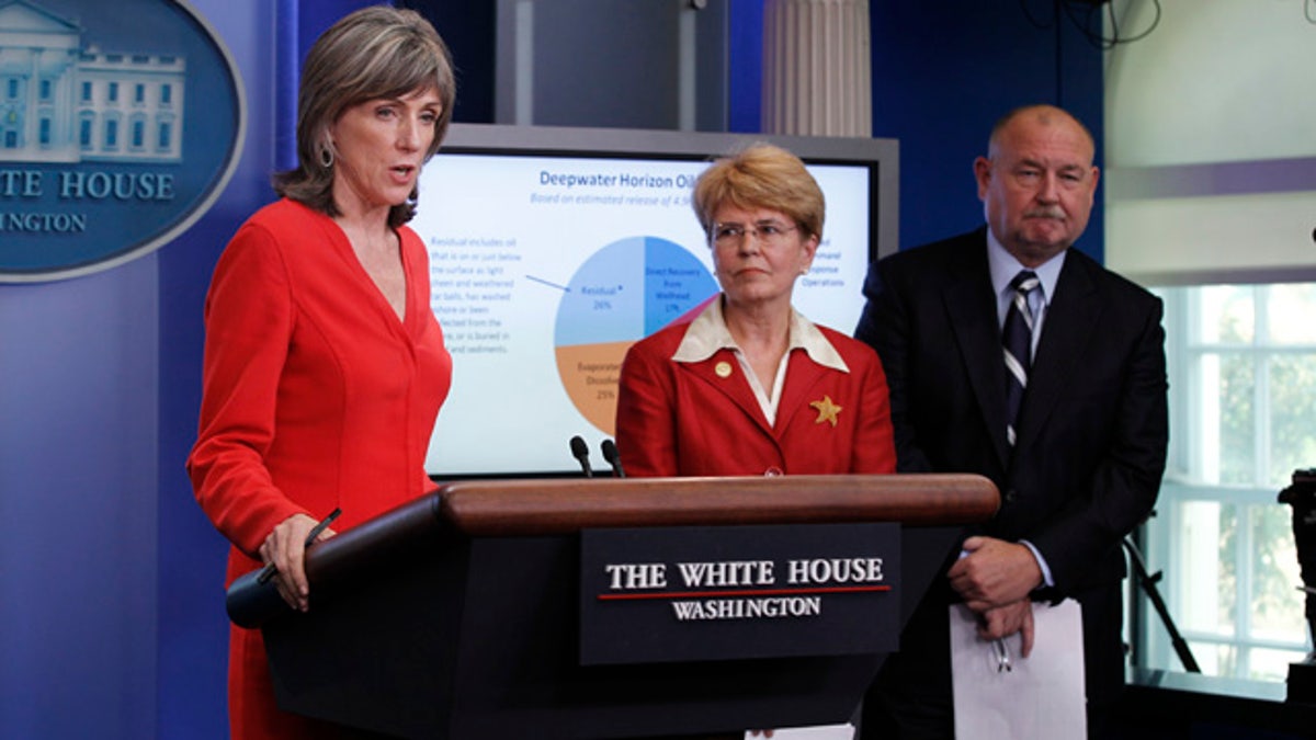 Aug. 4: From left, Carol Browner, assistant to the President for energy and climate change, NOAA chief Jane Lubchenco, and national incident commander of the BP oil spill Thad Allen, update reporters at the White House, in Washington.