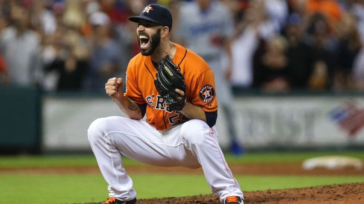 Aug 21, 2015; Houston, TX, USA; Houston Astros starting pitcher Mike Fiers (54) reacts after pitching a no-hitter against the Los Angeles Dodgers at Minute Maid Park. The Astros defeated the Dodgers 3-0. Mandatory Credit: Troy Taormina-USA TODAY Sports