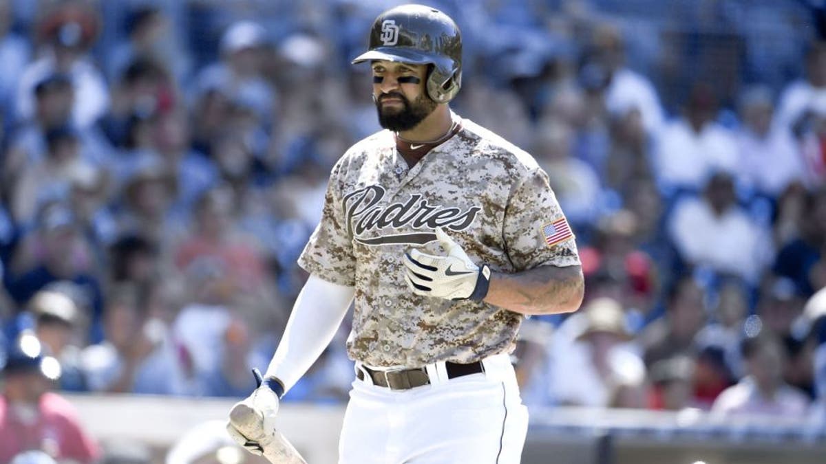SAN DIEGO, CA - JULY 26: Matt Kemp #27 of the San Diego Padres plays during a baseball game against the Miami Marlins at Petco Park July 26, 2015 in San Diego, California. (Photo by Denis Poroy/Getty Images)