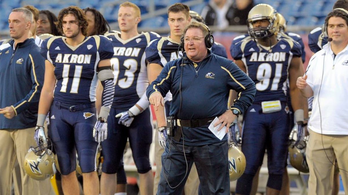 Nov 16, 2013; Foxborough, MA, USA; Akron Zips head coach Terry Bowden reacts on the sidelines during the second half against the Massachusetts Minutemen at Gillette Stadium. Mandatory Credit: Bob DeChiara-USA TODAY Sports