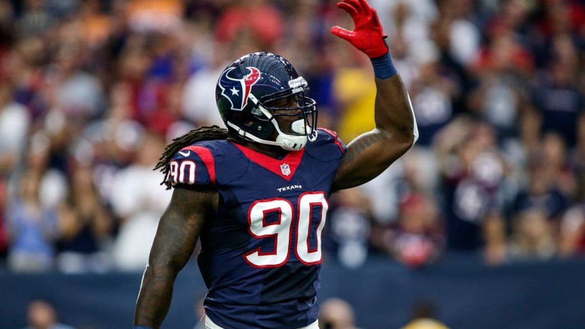 Sep 27, 2015; Houston, TX, USA; Houston Texans outside linebacker Jadeveon Clowney (90) reacts after a play during the first quarter against the Tampa Bay Buccaneers at NRG Stadium. Mandatory Credit: Troy Taormina-USA TODAY Sports