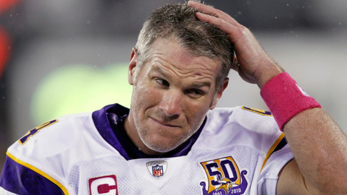 Oct. 11, 2010: Minnesota Vikings quarterback Brett Favre reacts during the third quarter of an NFL football game against the New York Jets in East Rutherford, N.J.