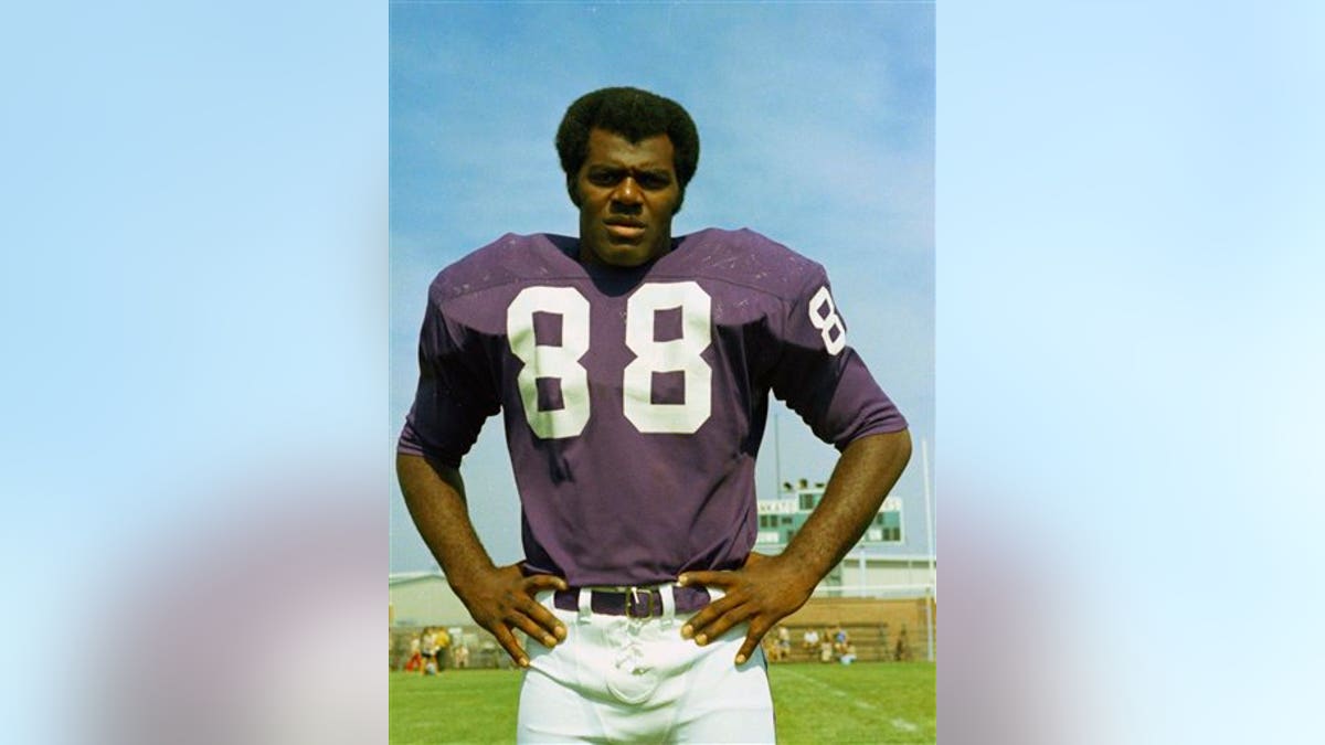 FILE - This 1973, file photo shows Minnesota Vikings football player Alan Page. From the NBA's Chris Dudley and Shawn Bradley to the NFL's Alan Page, Heath Shuler and Jon Runyan to pro wrestling's Linda McMahon, some two dozen sports figures are up for election. (AP Photo/File) 