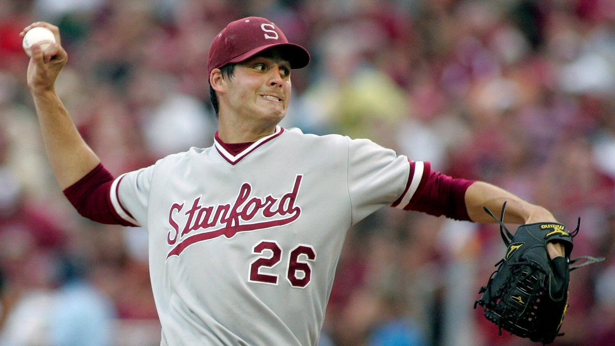 File - In this June 8, 2012, file phot, Stanford pitcher and first-round draft pick Mark Appel throws during a NCAA college baseball tournament super regional game against Florida State in Tallahassee, Fla. Appel chose to remain at Stanford for his senior season instead of signing with the Pittsburgh Pirates. (AP Photo/Phil Sears, file)