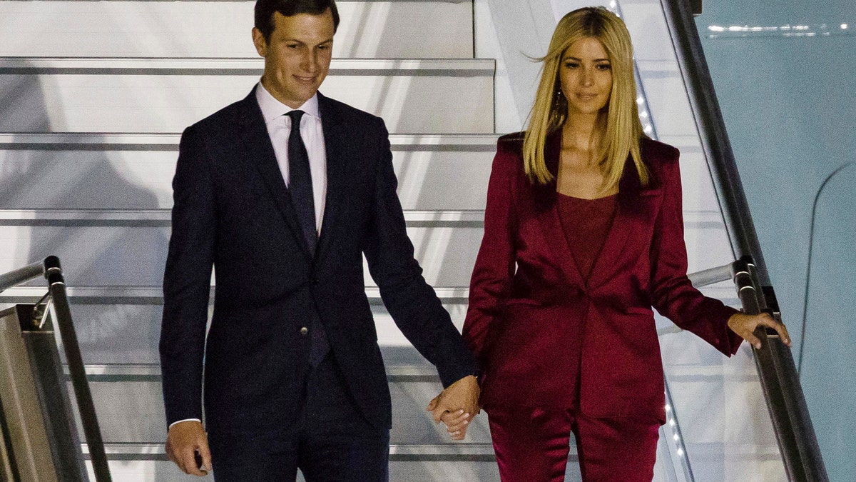 Ivanka Trump, right, and her husband Jared Kushner, senior advisor of President Donald Trump arrive to the military airport in Warsaw, Poland