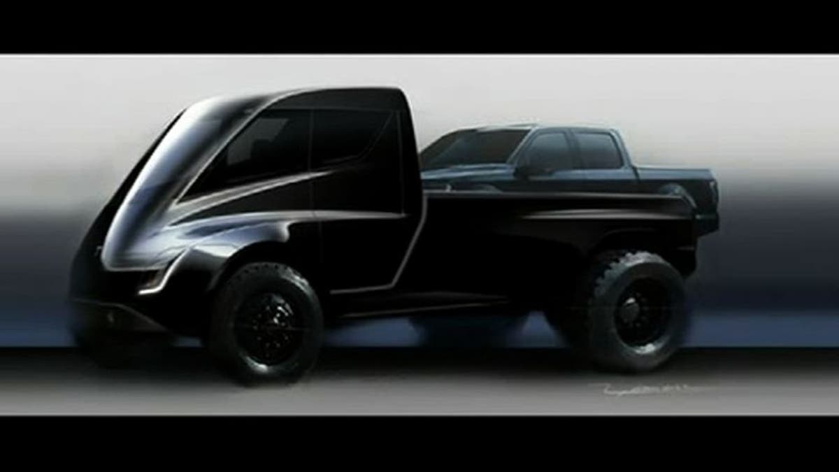 A likely humorous rendering of a Tesla pickup based on its new Semi tractor.