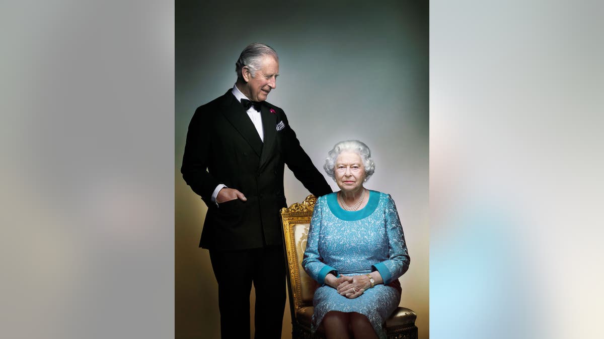 This photograph taken by Nick Knight is a portrait of Britain's Queen Elizabeth II and Prince Charles, taken in the White Drawing Room at Windsor Castle, England in May 2016, prior to the final night of The Queen's 90th Birthday Celebrations at the Royal Windsor Horse Pageant, to mark the end of the year of celebrations for The Queen's 90th birthday. (©2016 Nick Knight)