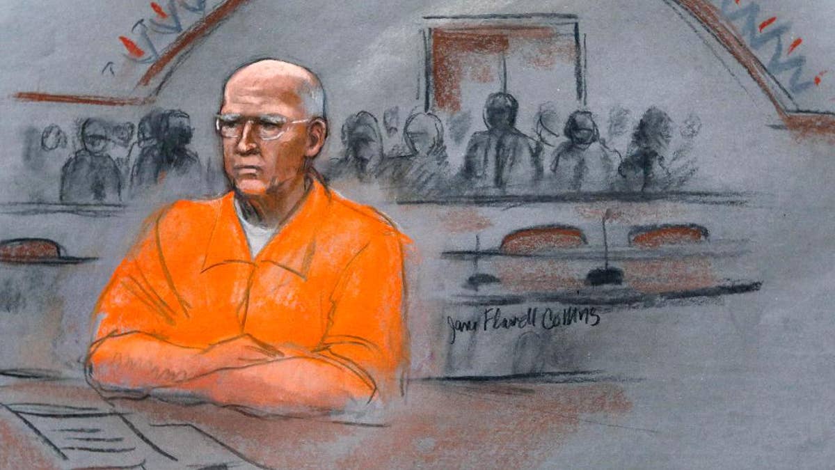 In this courtroom sketch, James "Whitey" Bulger sits at his sentencing hearing in federal court in Boston, Wednesday, Nov. 13, 2013. Bulger was convicted in August in a broad indictment that included racketeering charges in a string of murders in the 1970s and '80s, as well as extortion, money-laundering and weapons charges. A federal appeals court in Boston is set to hear arguments Monday, July 27, 2015 on Bulger’s bid to overturn his racketeering convictions. Bulger will not be present for the proceedings. (Jane Flavell Collins via AP, File)