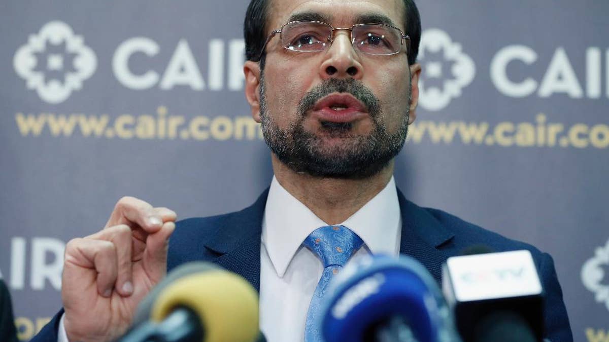 Council on American-Islamic Relations (CAIR) national executive director Nihad Awad speaks during a news conference at the Council on American-Islamic Relations (CAIR), Monday, Jan. 30, 2017, in Washington. The group announced the filing of a federal lawsuit on behalf of more than 20 individuals challenging an executive order signed by President Donald Trump. (AP Photo/Alex Brandon)