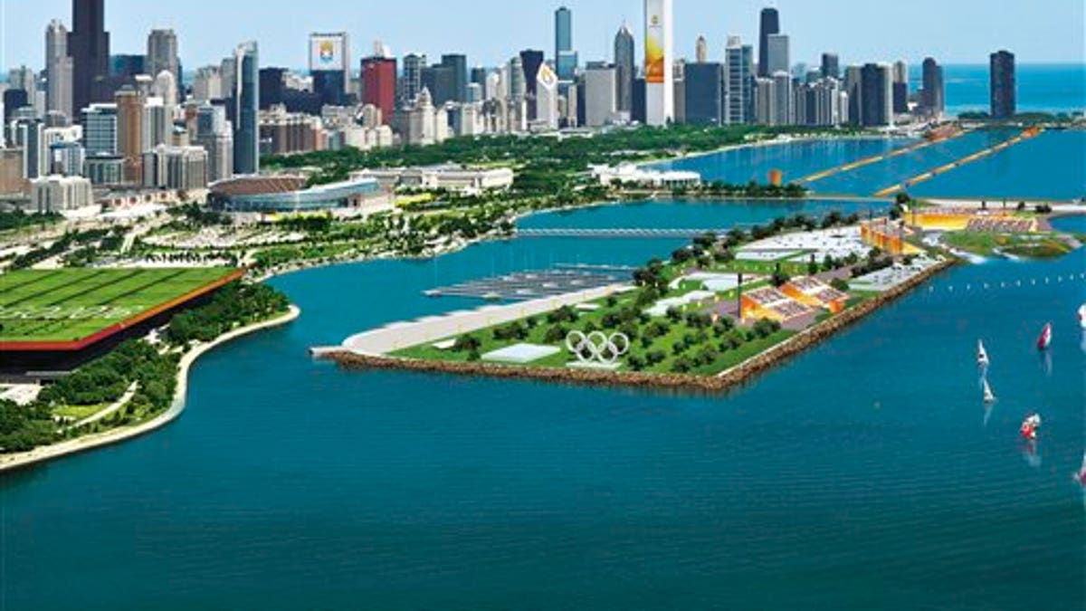 FILE - In this artist's rendering provided by Chicago 2016 on Friday, Feb. 13, 2009, the proposed Olympic Island along the Lake Michigan waterfront is shown. The International Olympic Committee will choose the 2016 host city in October. Chicago is competing against Tokyo, Madrid, and Rio de Janeiro. (AP Photo/Chicago 2016) **NO SALES**