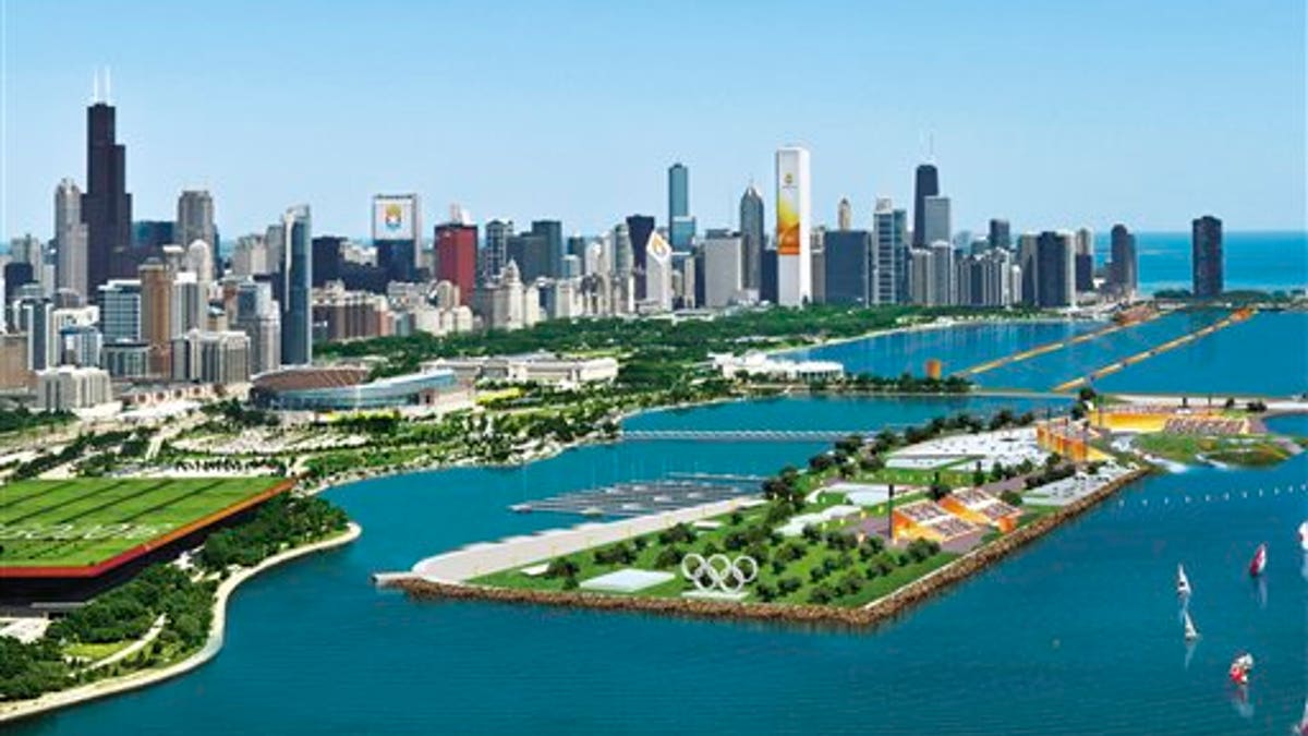 FILE - In this artist's rendering provided by Chicago 2016 on Friday, Feb. 13, 2009, the proposed Olympic Island along the Lake Michigan waterfront is shown. The International Olympic Committee will choose the 2016 host city in October. Chicago is competing against Tokyo, Madrid, and Rio de Janeiro. (AP Photo/Chicago 2016) **NO SALES**