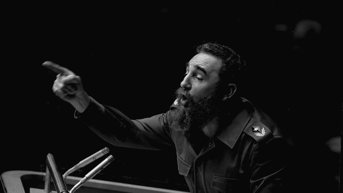 FILE - In this Oct. 12, 1979 file photo, Cuban President, Fidel Castro, points during his lengthy speech before the United Nations General Assembly, in New York. Cuban President Raul Castro has announced the death of his brother Fidel Castro at age 90 on Cuban state media on Friday, Nov. 25, 2016.  (AP Photo/Marty Lederhandler, File)