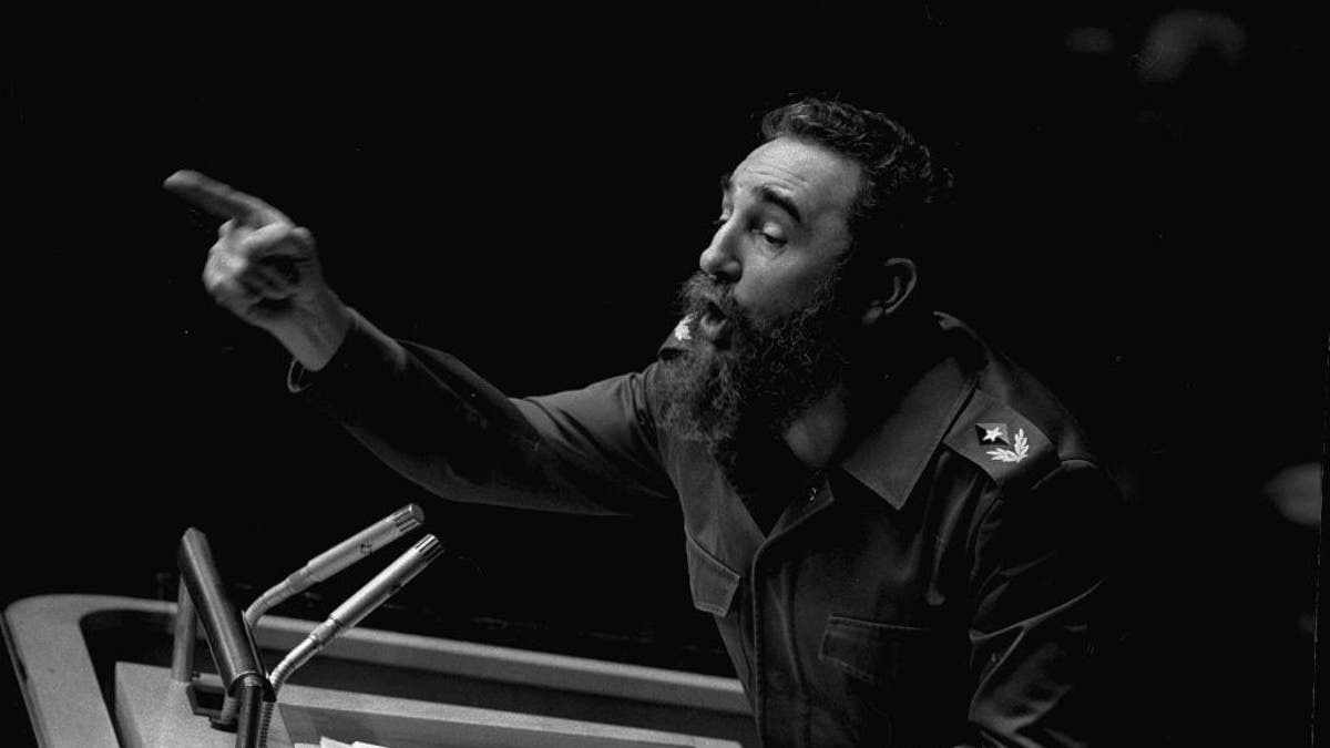 FILE - In this Oct. 12, 1979 file photo, Cuban President, Fidel Castro, points during his lengthy speech before the United Nations General Assembly, in New York. Cuban President Raul Castro has announced the death of his brother Fidel Castro at age 90 on Cuban state media on Friday, Nov. 25, 2016.  (AP Photo/Marty Lederhandler, File)