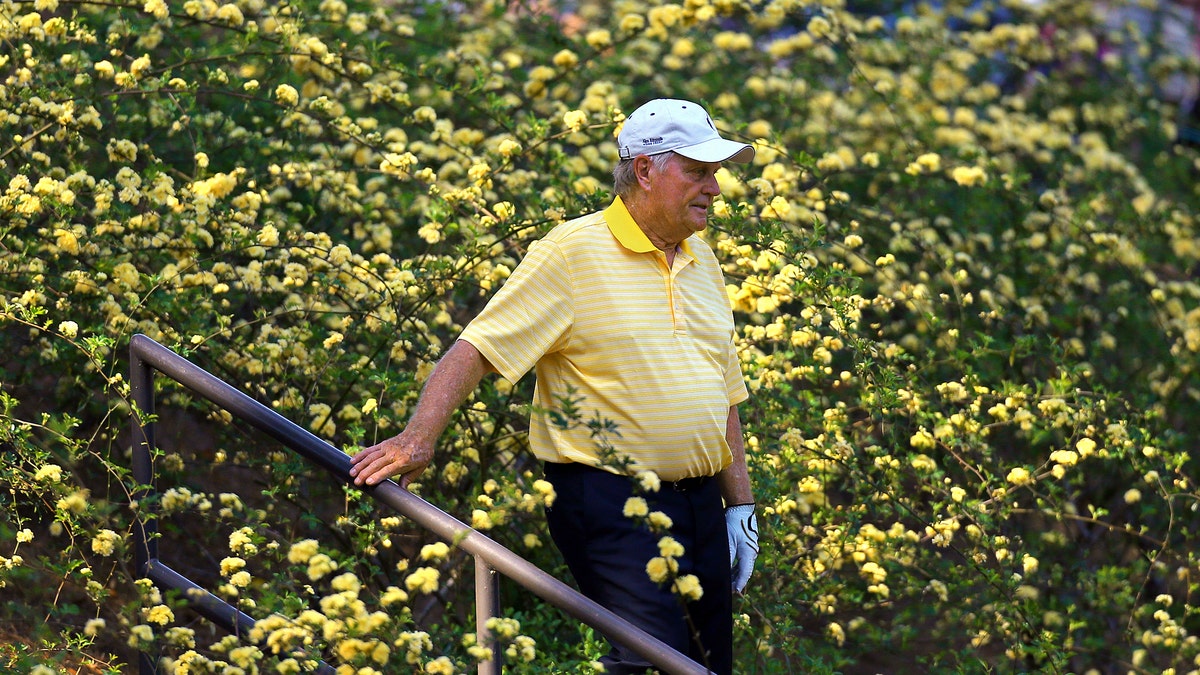 Jack Nicklaus makes his way along the eighth hole during the par-three contest before the Masters golf tournament, Wednesday, April 10, 2013, in Augusta, Ga. (AP Photo/Atlanta Journal-Constitution, Curtis Compton)  MARIETTA DAILY OUT; GWINNETT DAILY POST OUT; LOCAL TV OUT; WXIA-TV OUT; WGCL-TV OUT