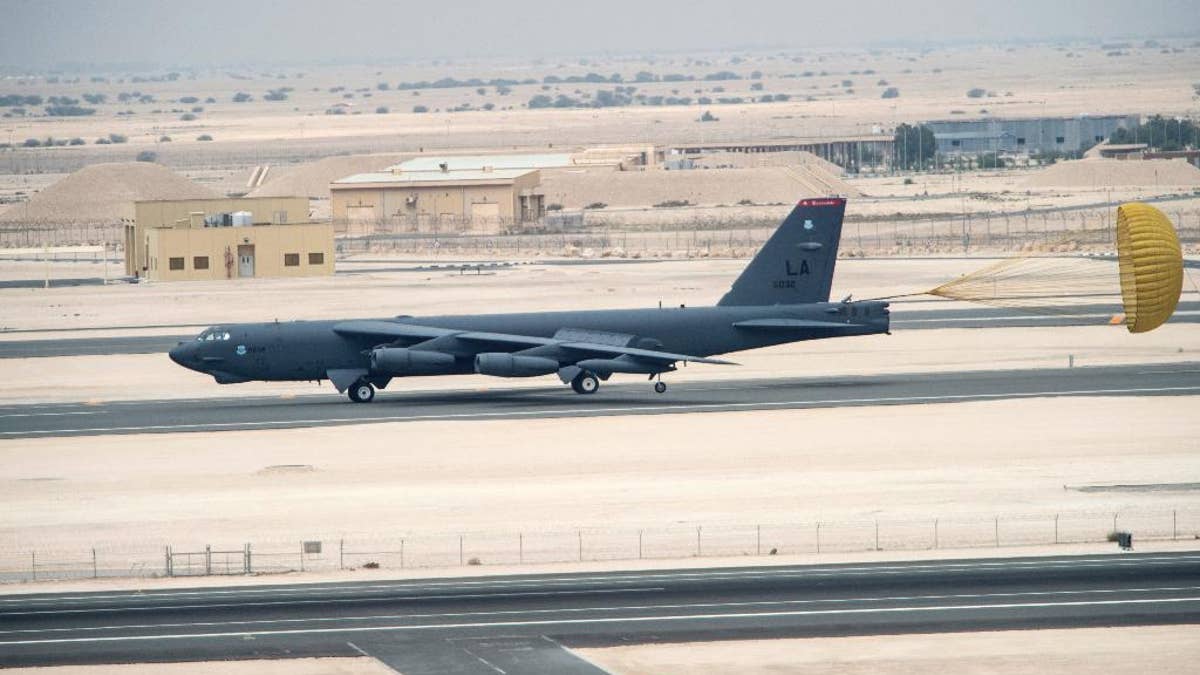 A U.S. Air Force B-52 Stratofortress aircraft arriving in Qatar on April 9.