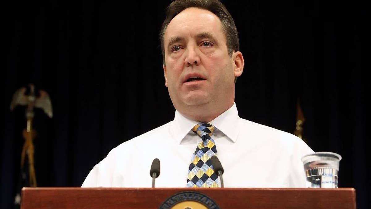 Pennsylvania Senate Majority Leader Jake Corman, R-Centre, speaks at a press conference at the state Capitol in Harrisburg Pa., Friday Jan. 16, 2015, regarding a proposed settlement in his lawsuit challenging the NCAA over sanctions in the Jerry Sandusky abuse scandal. The NCAA announced a proposed deal Friday, weeks before a scheduled trial in state court on the legality of the 2012 consent decree it replaces. Corman and state Treasurer Rob McCord had sued the NCAA over the consent decree, which imposed severe sanctions on Penn State. (AP Photo/Chris Knight)