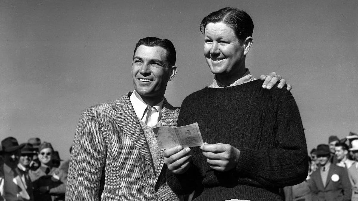 FILE -  In this in this April 12, 1942 file photo, Ben Hogan, left, and Byron Nelson pose after they were tied with a score of 280 at the conclusion of the 72-hole Masters Golf Tournament in Augusta, Ga.  (AP Photo/File)