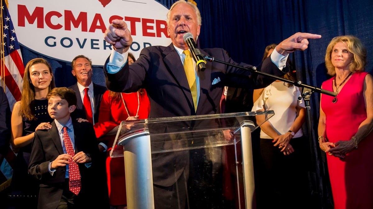 South Carolina Gov. Henry McMaster speaks at his election night party at Vista Union Tuesday, June 12, 2018 in Columbia, S.C. McMaster was forced into a runoff for the Republican gubernatorial nomination. He  was the top vote-getter in primary voting but failed to win the 50 percent necessary to avoid a runoff. He and Greenville businessman John Warren will face off in a second contest on June 26. (Jeff Blake/The State via AP)