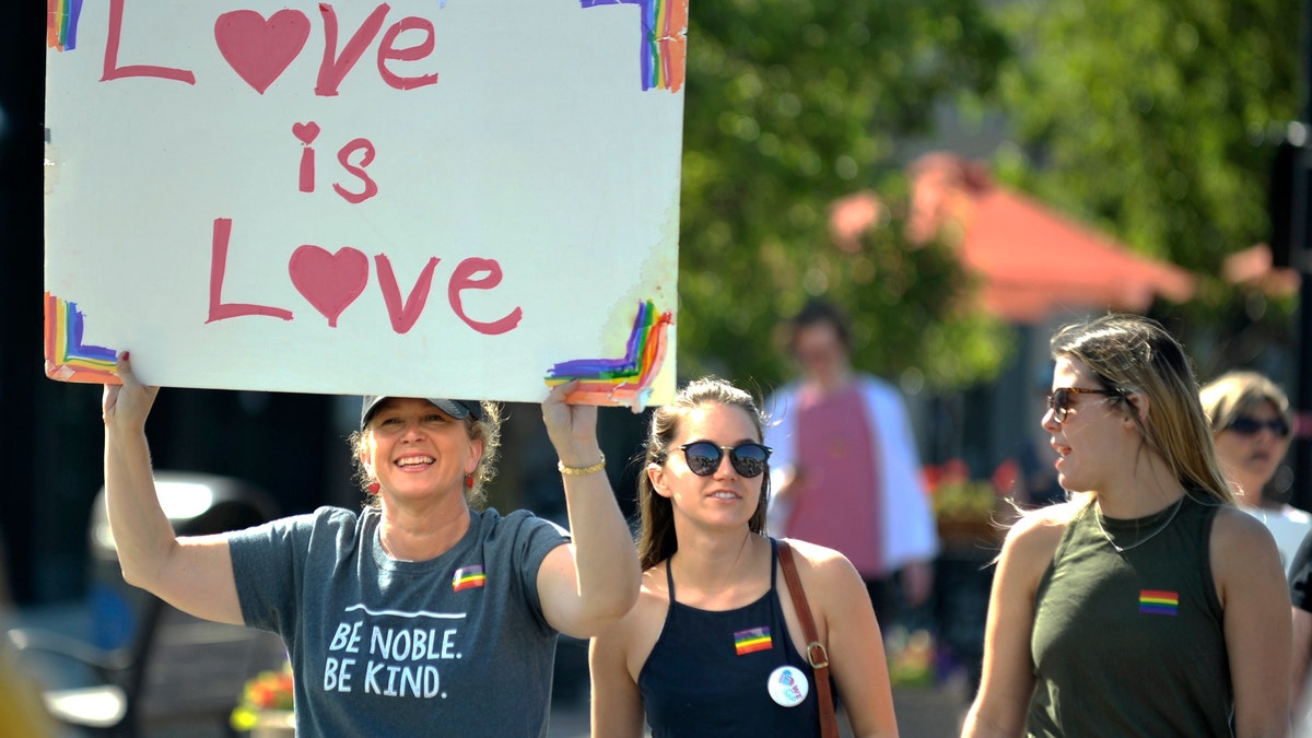 Suzy Berschback, 54, of Grosse Pointe Farms, carries a Love is Love sign as she marches with her daughter, Maddie Berschback and her friend, Kelsie Silzell, both 23. Hundreds participate in the 1st Annual Grosse Pointe Pride March, hosted by Welcoming Everyone Grosse Pointe (We GP), as they march South on Kercheval to west on St. Clair Ave., Sunday, June 11, 2017, in conjunction with National Pride Day. (Todd McInturf/Detroit News via AP)