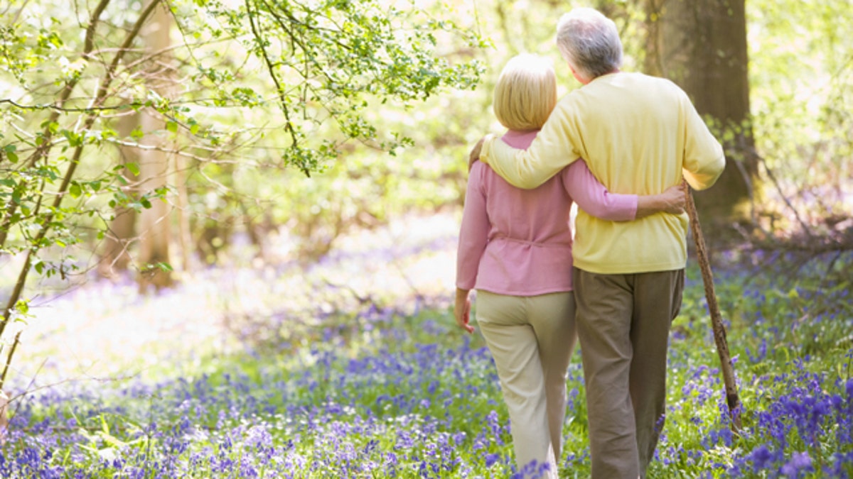 47e06fc3-Couple walking outdoors with walking stick