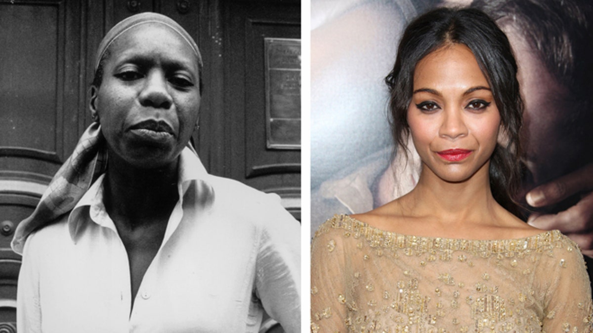 (FILE PHOTO) In this composite image a comparison has been made between Nina Simone (L) and actress Zoe Saldana.  Zoe Saldana will reportedly play Nina Simone in a film biopic by writer and director Cynthia Mort and executive producer Jimmy Lovine.  ***LEFT IMAGE*** 19th July 1978:  American jazz singer Nina Simone (1933 - 2003).  (Photo by John Minihan/Evening Standard/Getty Images) ***RIGHT IMAGE*** HOLLYWOOD, CA - SEPTEMBER 04:  Actress Zoe Saldana attends the Premiere Of CBS Films' 